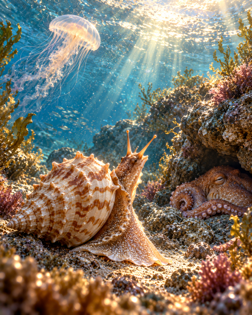 Das Tritonshorn blickt zu seinen Nachbarn; ein Oktopus döst in einer Felsspalte und eine Qualle schwebt verträumt vorbei.