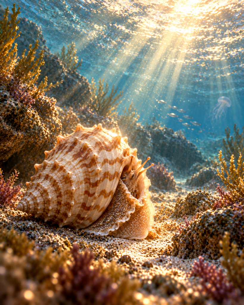 Das Tritonshorn zieht sich nachdenklich in sein gemustertes Kalkhaus zurück und bewahrt sein Geheimnis.